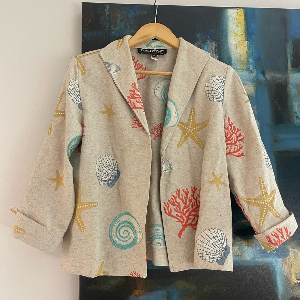 Vintage Painted Pony USA Made Tapestry Coat Sz M Blazer Jacket Coastal Seashell